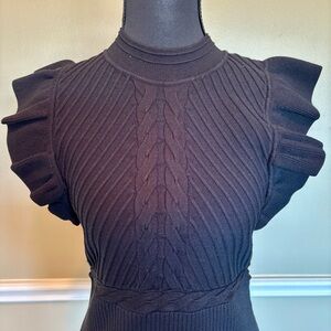 Milly Black Ribbed Knit Top Ruffle Sleeve Mock Neck Sweater Size S